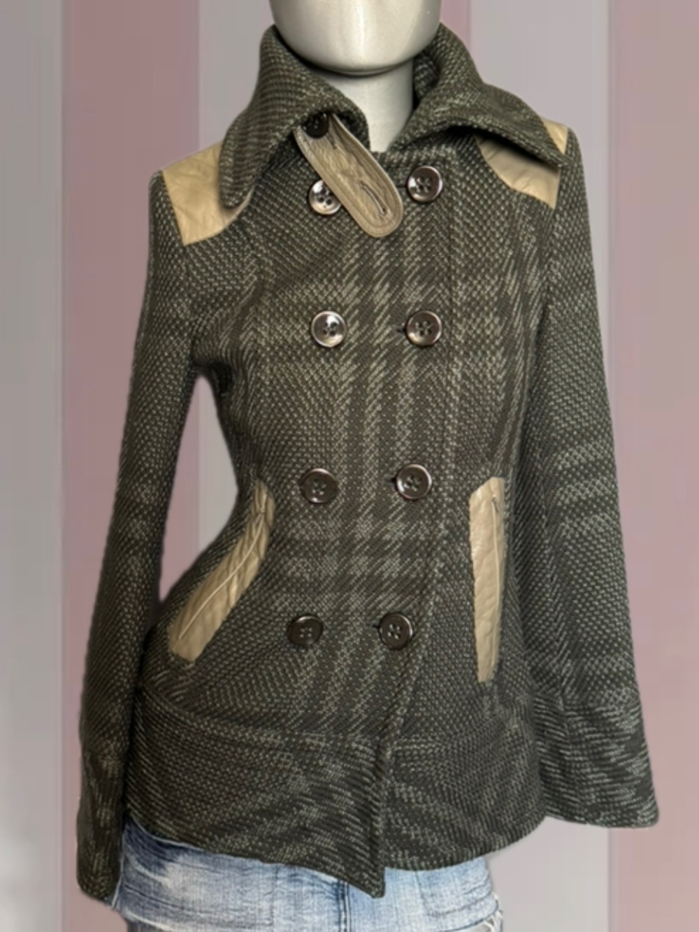 Mackage Wool Khaki Green Plaid Trench Coat